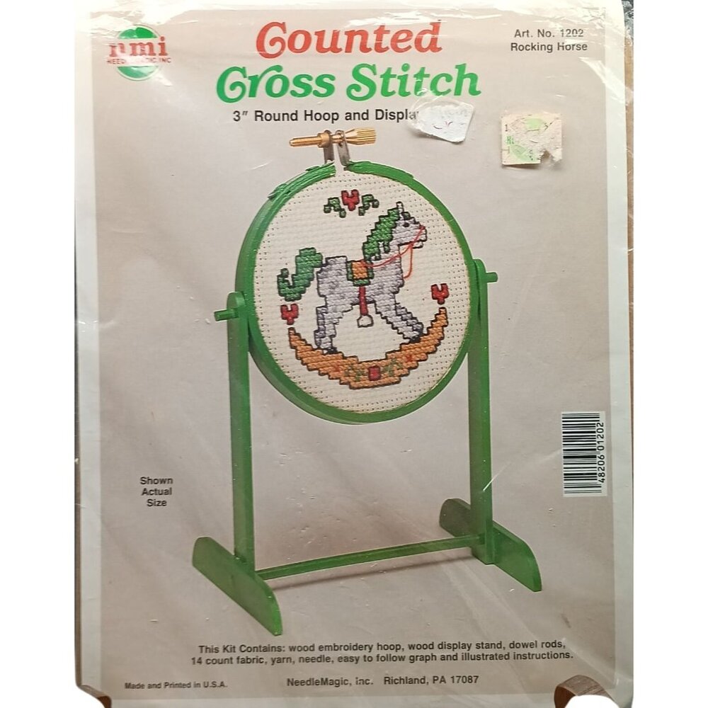 NMI Gounted Cross Stitch Kit 3" Round Hoop & Display Stand Rocking Horse Vintage